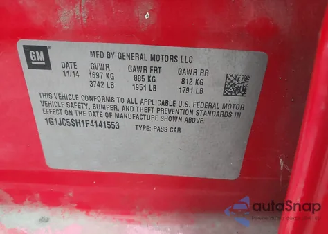 2015 Chevrolet Sonic Lt Auto from USA, damaged, VIN 1G1JC5SH1F4141553